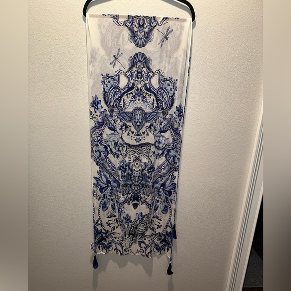 CAMILLA “Glaze and Graze” blue white silk Royal Delft floral scarf top belt wrap - Picture 7 of 9